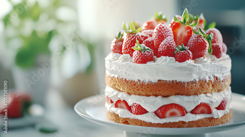 Delightful strawberry layer cake with whipped white frosting and fresh fruit garnish