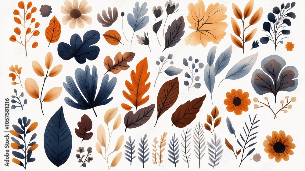 Abstract botanical illustration featuring a collection of colorful leaves and flowers in various shapes and sizes, including orange, blue, and brown tones, on a white background. Abstract botanical illustration featuring a collection of colorful leaves and flowers in various shapes and sizes, including orange, blue, and brown tones, on a white background.