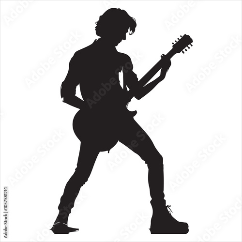 Minimalistic black silhouette of a seated guitarist playing guitar on a white background 
