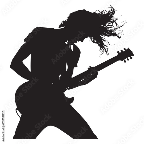 Minimalistic black silhouette of a seated guitarist playing guitar on a white background 