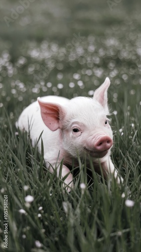 White Piglet Resting in Fresh Grass, Snout Facing Camera