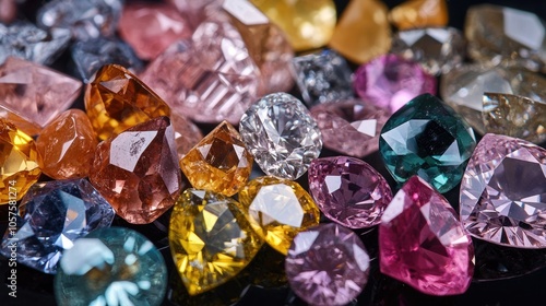 Close up macro image featuring an assortment of precious stones including diamonds and similar zirconia set against a black background filling the entire frame