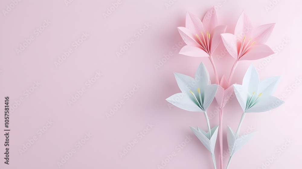 Fototapeta premium Delicate Origami Lily Bouquet in Soft Pastel Tones - Elegant Paper Flowers Artwork for Home Decor Weddings or Crafts Perfect for Nature and Origami Enthusiasts