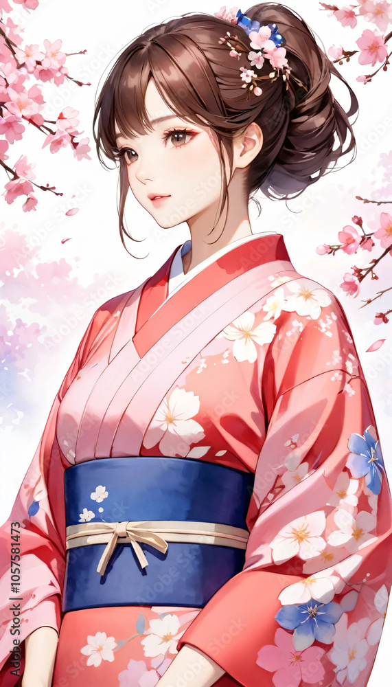 桜と着物を着た若い日本人女性 桜と着物を着た若い日本人女性