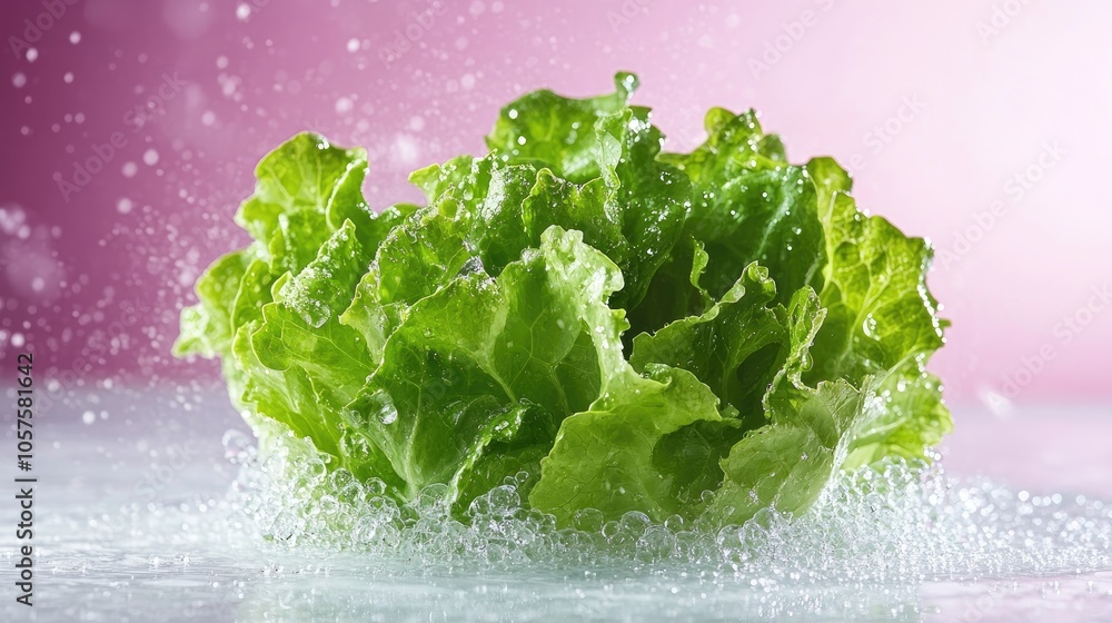 A vibrant display of fresh lettuce leaves surrounded by glistening water droplets on a pristine background A vibrant display of fresh lettuce leaves surrounded by glistening water droplets on a pristine background