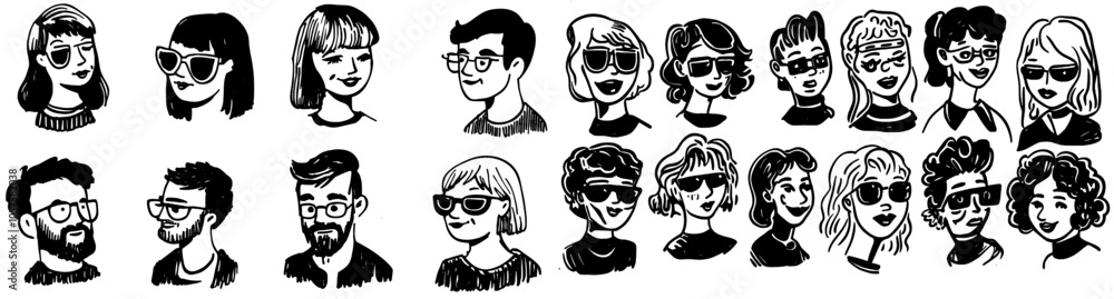 People faces hand drawn in doodle style. Black lines and silhuette. Social network concept. Illustration for use in social networks. People faces hand drawn in doodle style. Black lines and silhuette. Social network concept. Illustration for use in social networks.