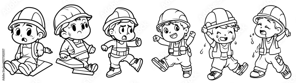 An injured worker in a fall accident set. Hand drawn line drawing. A man wearing a builder's uniform and helmet. An industry work risk and health safety concept. Illustration in a modern style. An injured worker in a fall accident set. Hand drawn line drawing. A man wearing a builder's uniform and helmet. An industry work risk and health safety concept. Illustration in a modern style.
