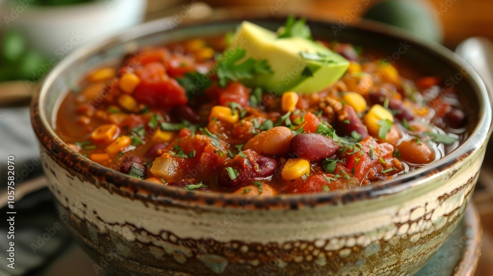 Savor the Delicious and Hearty Bean and Vegetable Chili, beautifully adorned with Fresh Avocado Garnish on top