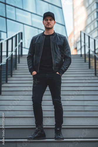 A man wearing black jeans and jacket poses on city steps, exuding confidence and modern style.