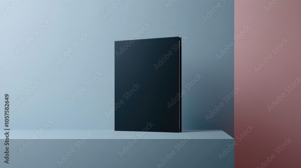 Fototapeta premium A sleek brochure mockup is displayed upright on a smooth surface showcasing its minimalist design enhanced by gentle lighting and a subdued color scheme