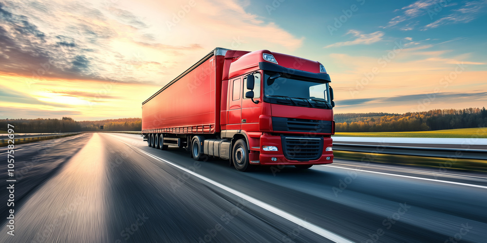 A vibrant red semi-truck races along a highway at sunset, symbolizing transport and modern logistics. A vibrant red semi-truck races along a highway at sunset, symbolizing transport and modern logistics.