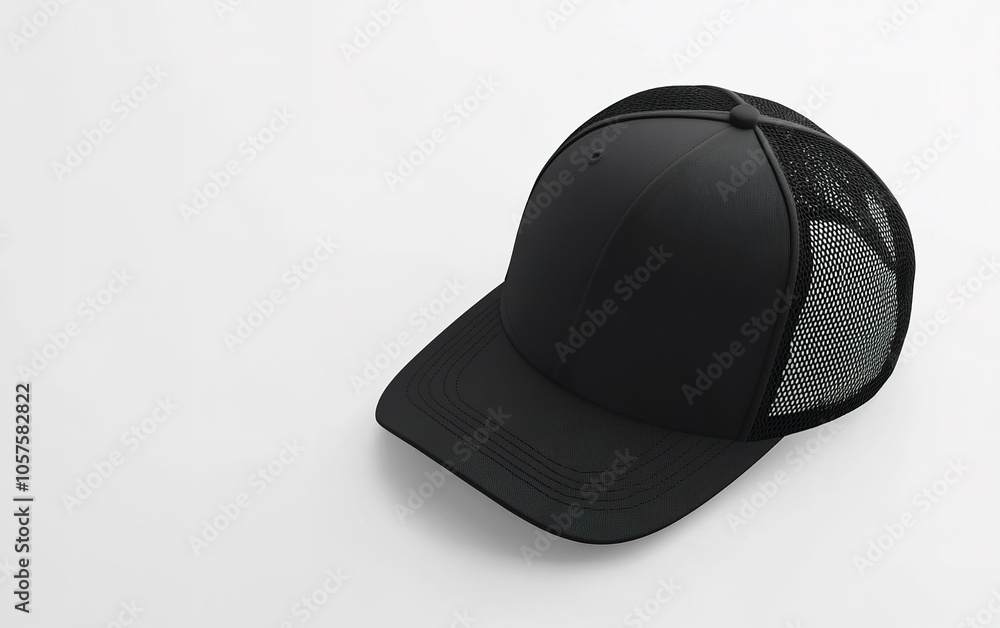 A stylish black mesh-back cap placed on a white surface, showcasing its modern design and versatility for casual wear A stylish black mesh-back cap placed on a white surface, showcasing its modern design and versatility for casual wear