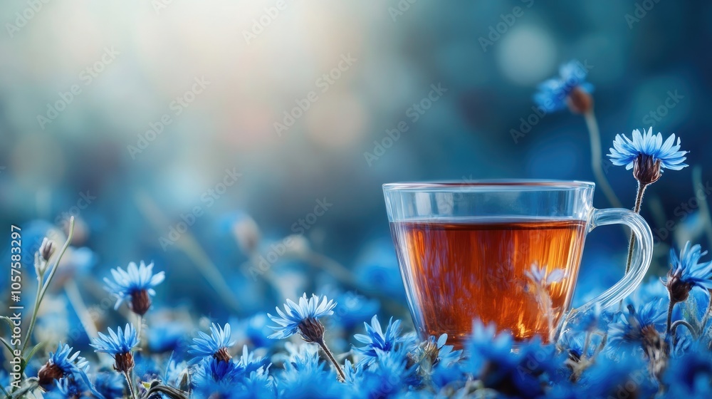 Black tea and blue cornflower bluebottle create a captivating background with ample copy space Banner design with selective focus Black tea and blue cornflower bluebottle create a captivating background with ample copy space Banner design with selective focus
