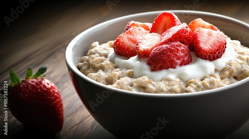 Bowl of oatmeal topped with yogurt and strawberries embodying the essence of nutritious dining and a healthy lifestyle