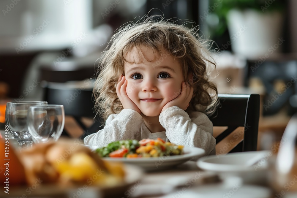 A cheerful child sitting at a dining table with a deliciously vibrant plate of food capturing happiness and innocence. A cheerful child sitting at a dining table with a deliciously vibrant plate of food capturing happiness and innocence.