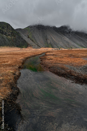 Foto Stream flowing through a grassland in the icelandic highlands