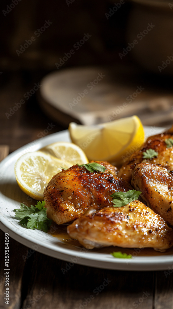 Sizzling chicken breast seasoned and baked to perfection, resting on a white plate with fresh lemon and parsley Sizzling chicken breast seasoned and baked to perfection, resting on a white plate with fresh lemon and parsley