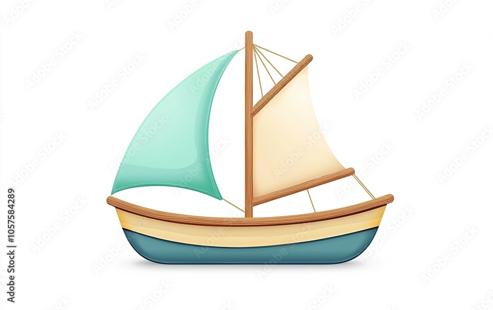 A colorful sailboat with a turquoise and cream sail sailing gently on calm waters during a sunny day A colorful sailboat with a turquoise and cream sail sailing gently on calm waters during a sunny day