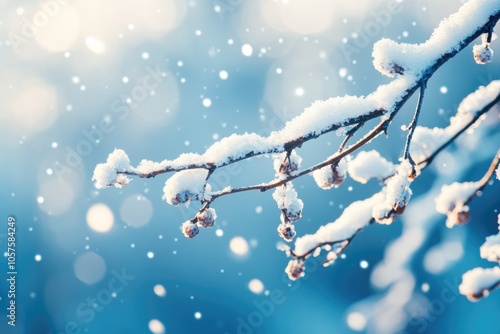 Snow covered alder tree branch with blurred background.