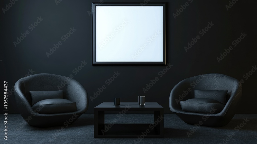 Fototapeta premium Dark-themed living room 3D render, featuring armchairs, a sleek coffee table, and a blank poster frame for customizable decor.
