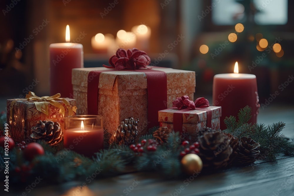 Christmas Background with Present Boxes, Candles, and Decorations on a Table for Winter Holiday Concept Christmas Background with Present Boxes, Candles, and Decorations on a Table for Winter Holiday Concept