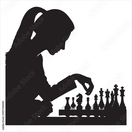 Person Strategizing in Chess Silhouette, Sharp Black on White  