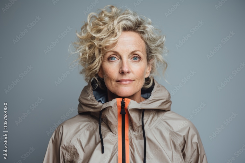 Portrait of a blissful woman in her 50s wearing a functional windbreaker while standing against plain cyclorama studio wall Portrait of a blissful woman in her 50s wearing a functional windbreaker while standing against plain cyclorama studio wall