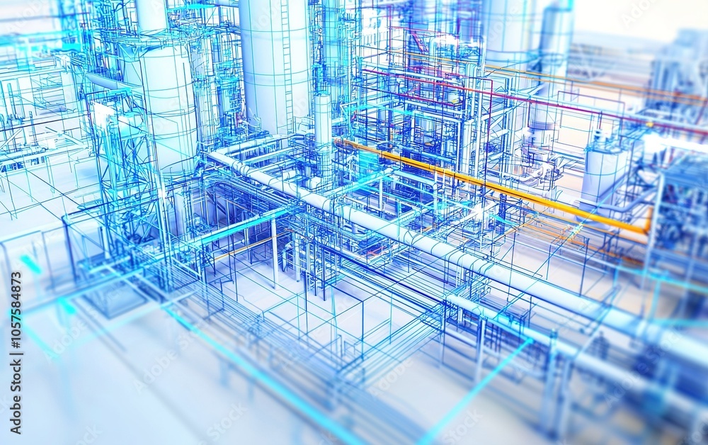 Obraz premium Detailed view of an industrial facility's piping and structural network in a modern processing plant