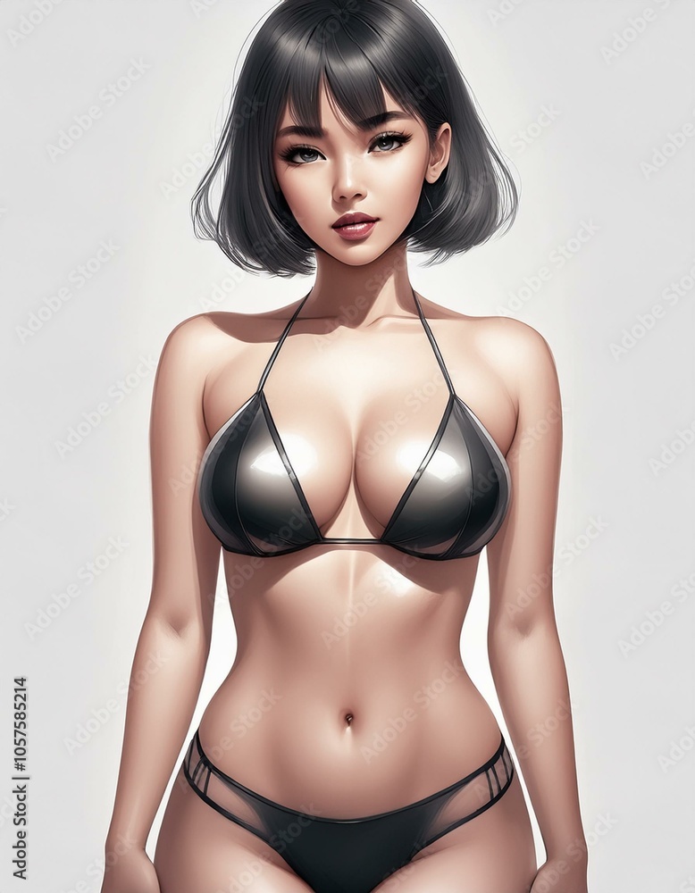 studio portrait of a brunette woman with short hair wearing a black bikini on white background studio portrait of a brunette woman with short hair wearing a black bikini on white background