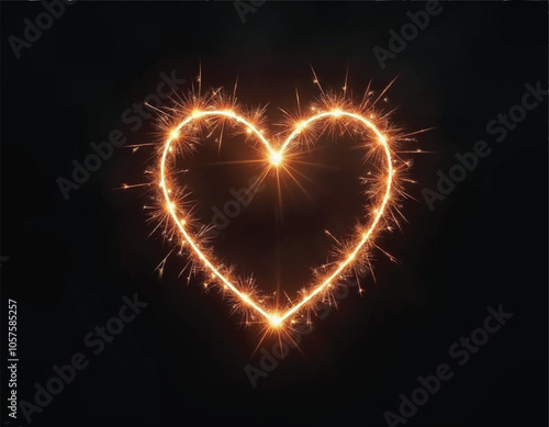 vector of a heart made of fireworks and sparklers is glowing elegantly on a dark gradient background