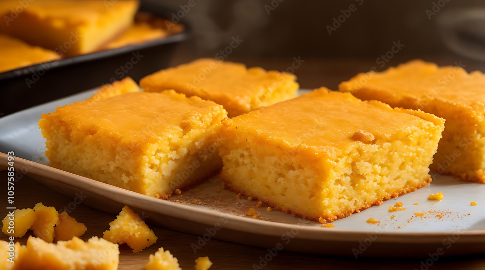 Freshly made close up of baked maple brown butter tasty cornbread of sweet food on a wooden tray background. Freshly made close up of baked maple brown butter tasty cornbread of sweet food on a wooden tray background.