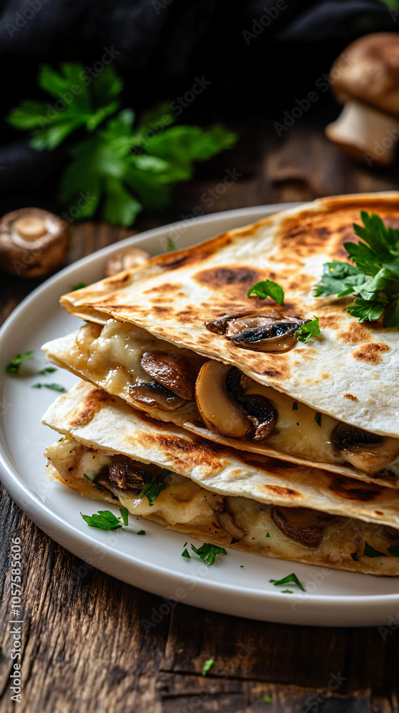 Serving up mouthwatering mushroom and cheese quesadillas on a white plate Serving up mouthwatering mushroom and cheese quesadillas on a white plate