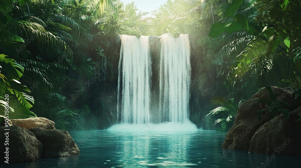 Lush Green Tropical Jungle with Double Waterfall and Pool