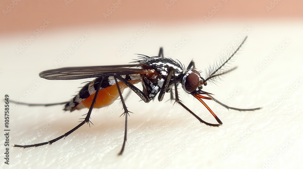 Close-up of a striped mosquito feeding on human skin, with sharp focus on its proboscis and tiny legs gripping the surface, against a clean white background Close-up of a striped mosquito feeding on human skin, with sharp focus on its proboscis and tiny legs gripping the surface, against a clean white background