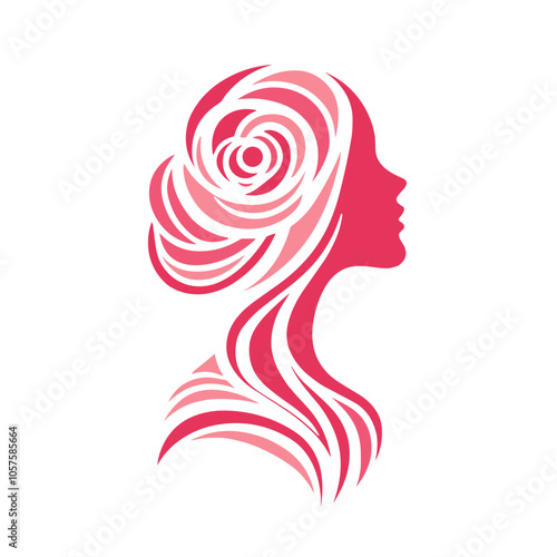 A pink silhouette of a woman with hair made in the form of stylized roses, vector, minimalist art style, stroke lines for an abstract look, transparent background 