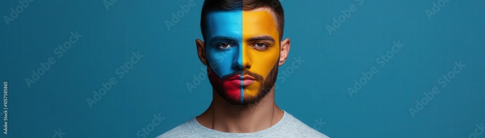 Man with half his face painted in bold colors, the other side neutral, character clash Man with half his face painted in bold colors, the other side neutral, character clash
