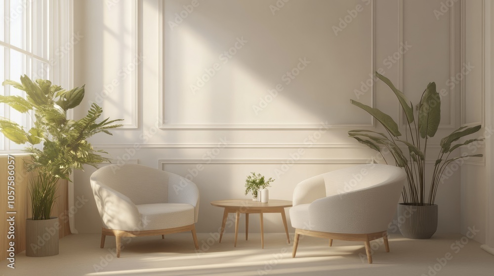 Minimalist 3D-rendered interior, clean design featuring comfortable seating and a coffee table, ideal for a cozy coffee shop. Minimalist 3D-rendered interior, clean design featuring comfortable seating and a coffee table, ideal for a cozy coffee shop.