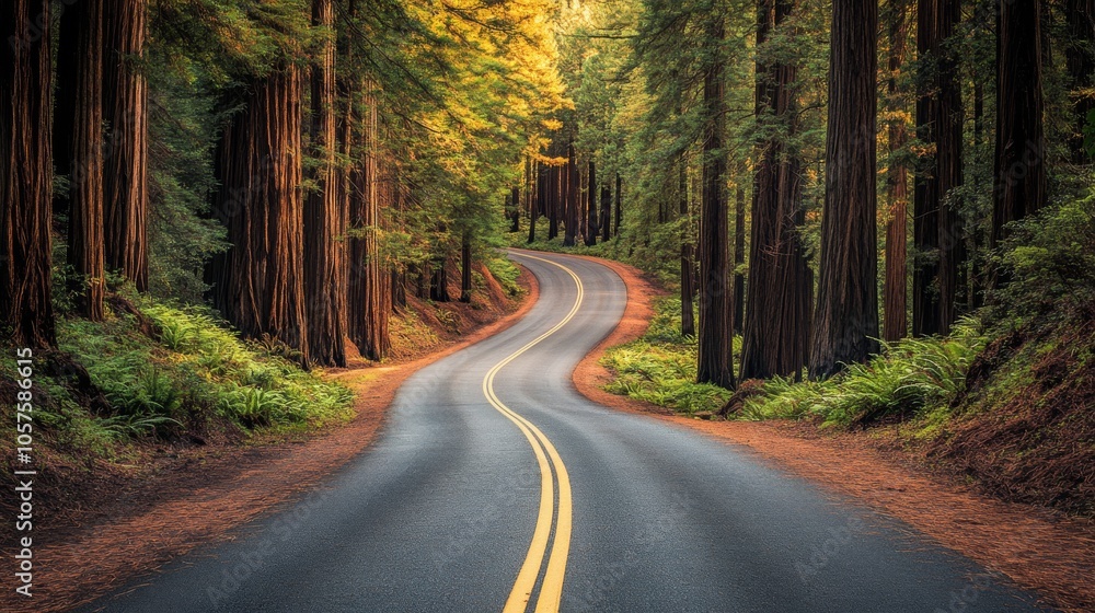 Fototapeta premium Charming road through a forest of colossal redwoods with a gentle curve leading into the distance in the Redwood National Forest