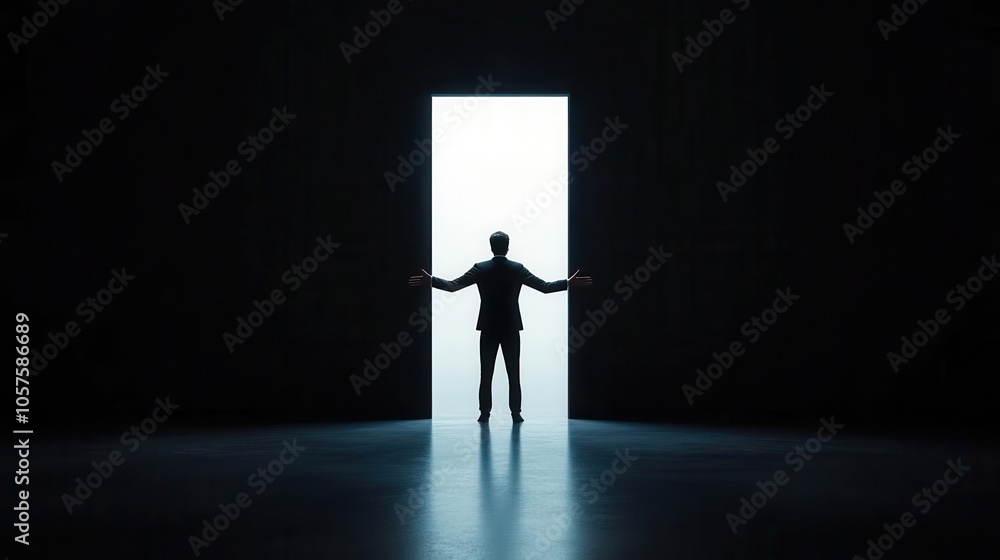 Fototapeta premium Person standing between light and dark, hands reaching from each side, inner conflict
