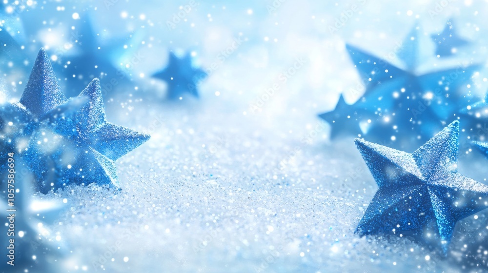 Blue Glittering Stars in Snowy Background Blue Glittering Stars in Snowy Background