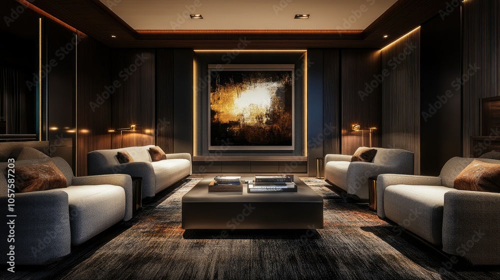 Modern dark-themed living room with armchairs, a center coffee table, and a large mock-up poster framed in subtle lighting. Modern dark-themed living room with armchairs, a center coffee table, and a large mock-up poster framed in subtle lighting.