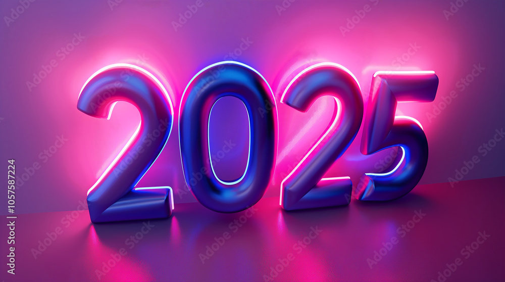 The image shows the year 2025 rendered in 3D, with a blue and purple color scheme and a neon glow. The background is a gradient of pink and purple. The image shows the year 2025 rendered in 3D, with a blue and purple color scheme and a neon glow. The background is a gradient of pink and purple.
