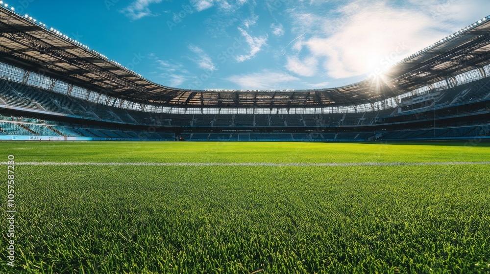 Fototapeta premium Football stadium during the day with clear skies, featuring a pristine field and well-maintained seating areas