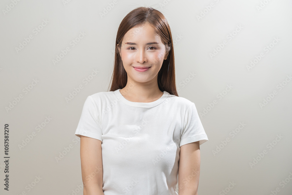 Smile positive, happy asian young woman, girl in casual, portrait of beautiful female with long hair feeling prond standing looking at camera, isolated on white background, copy space. Smile positive, happy asian young woman, girl in casual, portrait of beautiful female with long hair feeling prond standing looking at camera, isolated on white background, copy space.