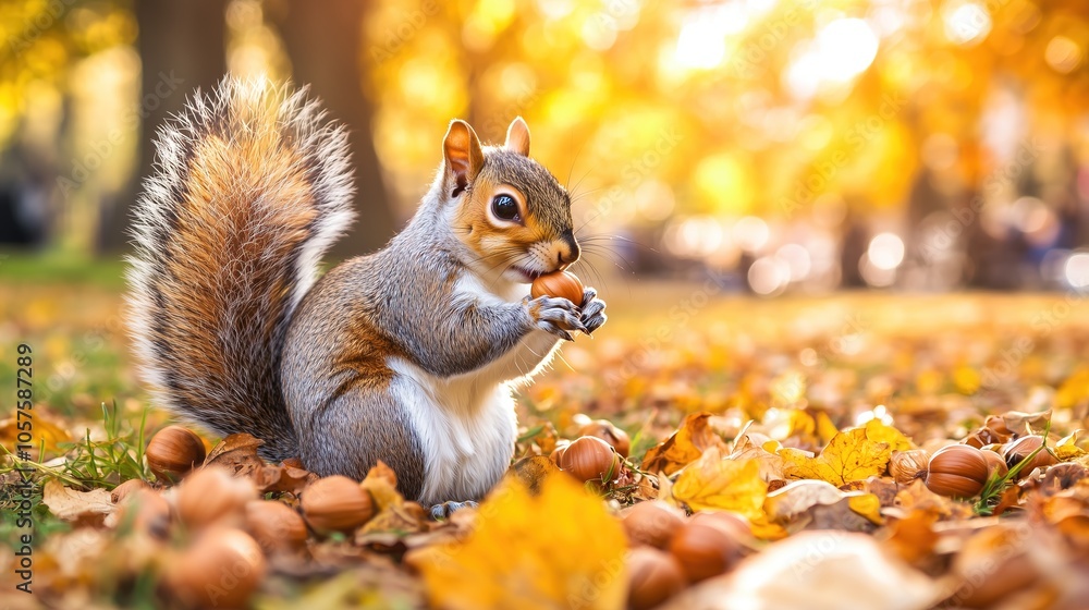 A squirrel eating a hazelnut in an autumn forest or park A squirrel eating a hazelnut in an autumn forest or park