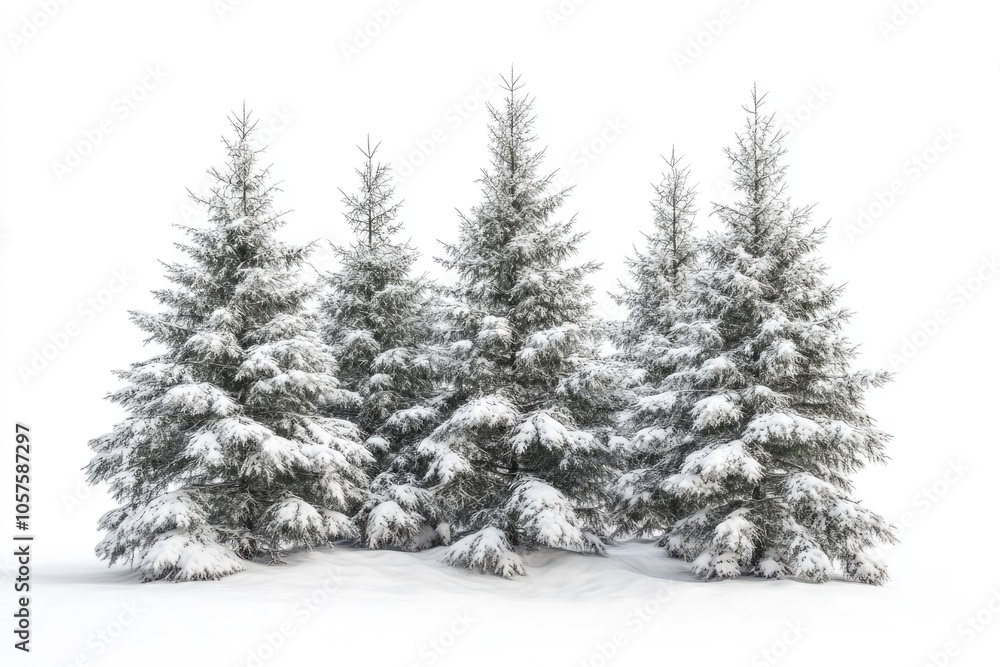 Fototapeta premium Spruce covered with snow isolated on white background winter forest