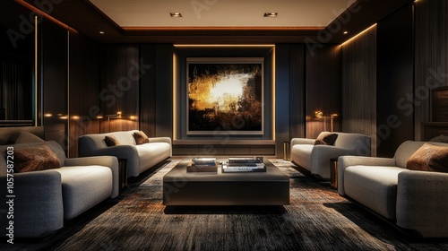 Modern dark-themed living room with armchairs, a center coffee table, and a large mock-up poster framed in subtle lighting.