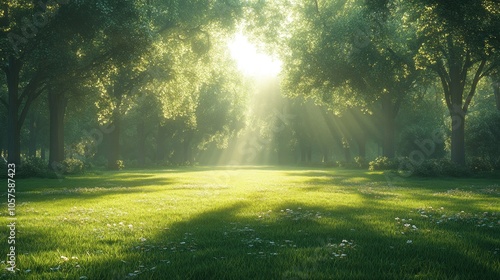 Serene forest scene with sunlight filtering through trees.