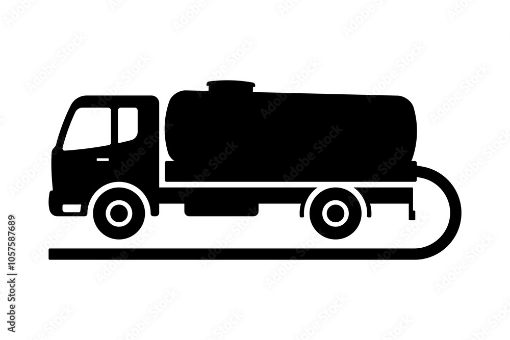 Sewage truck. Vacuum truck. Black silhouette. Side view. Vector simple flat graphic illustration. Isolated object on white background. Isolate. Sewage truck. Vacuum truck. Black silhouette. Side view. Vector simple flat graphic illustration. Isolated object on white background. Isolate.