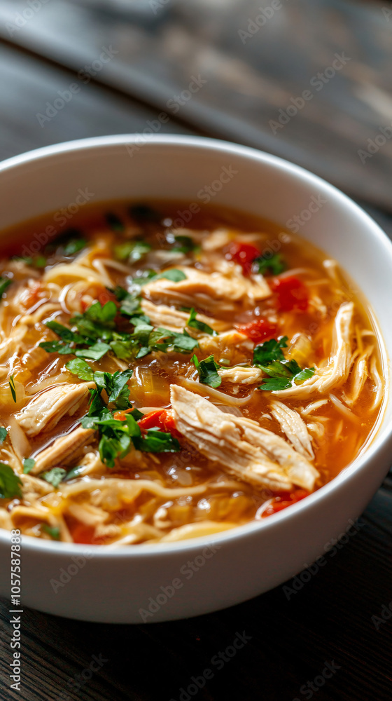 Hearty and flavorful chicken noodle soup is served steaming hot and garnished with fresh parsley Hearty and flavorful chicken noodle soup is served steaming hot and garnished with fresh parsley